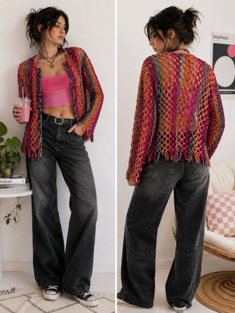 JL Studio Vintage Colorful Festival Cardigan Womens 2X Fringe Boho Statement